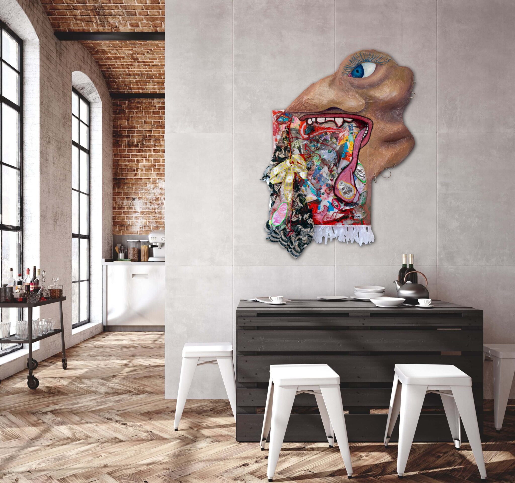 Megan Dune artwork view in a room View in the room of Megan Dune's sculptural painting Gutsy