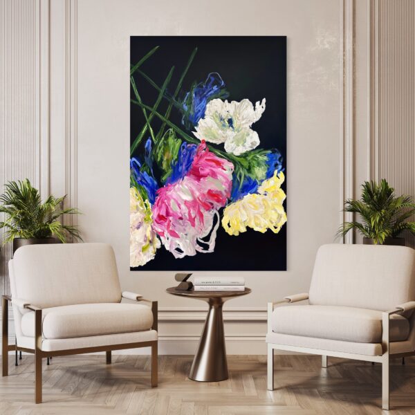 view in a room of large abstract floral painting Lost in a Dream #2 by artist Ramona Stelzer