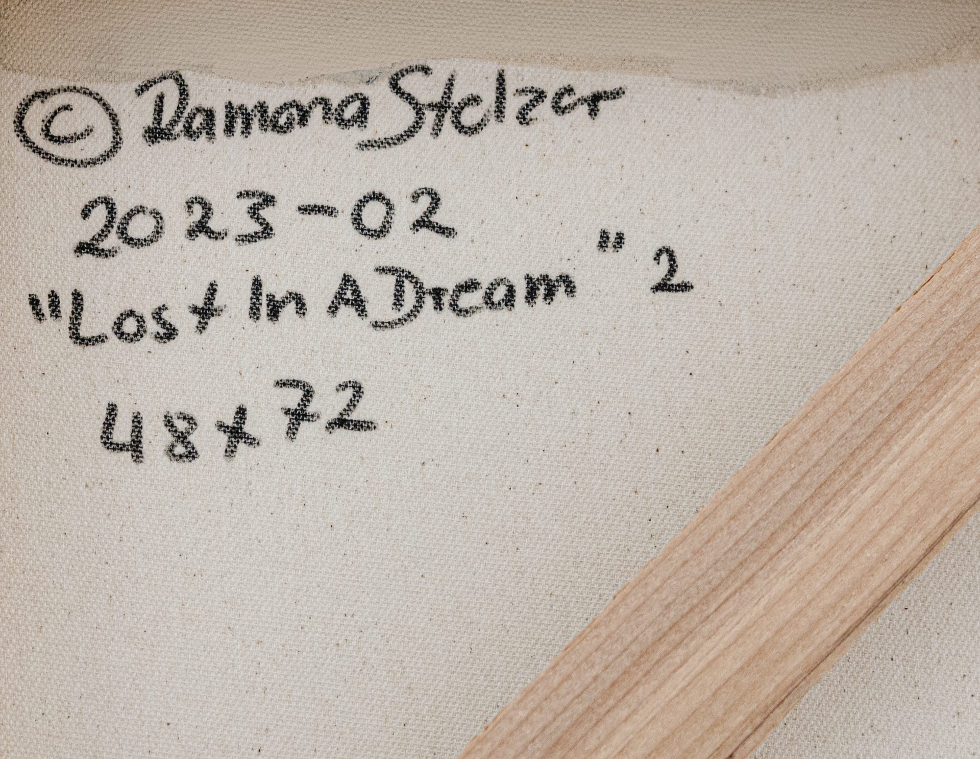 Lost In A Dream #2 Ramona Stelzer copyright signature A detailed close up photo of the artist's signature and copyright on the back of a large floral painting Lost in a Dream #2 by Ramona Stelzer