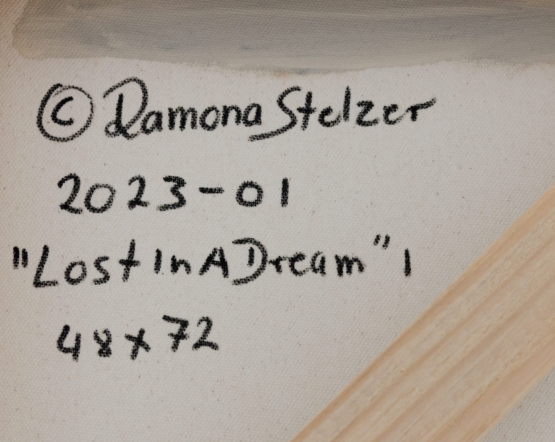 Lost In A Dream #1 Ramona Stelzer Back Signature A detailed close up photo of the artist's signature and copyright on the back of a large floral painting Lost in a Dream #1 by Ramona Stelzer