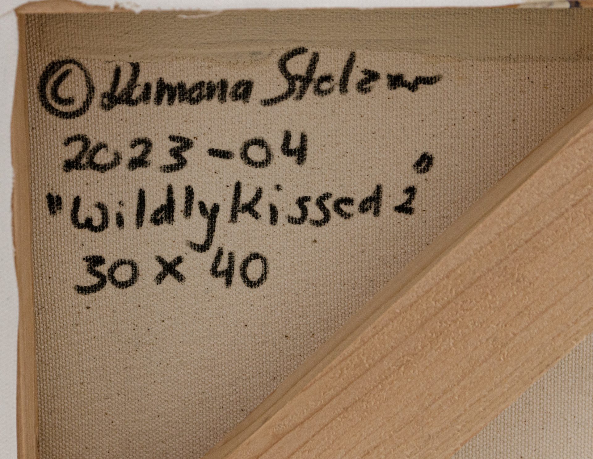 Wildly Kissed #2 Ramona Stelzer Back Signature A detailed close up photo of the artist's signature and copyright on the back of a large floral painting Wildly Kissed #2 by Ramona Stelzer