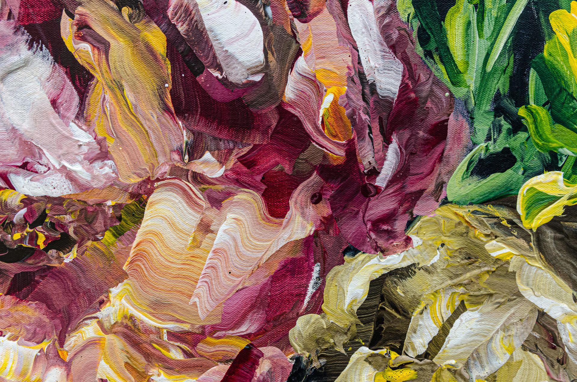 Wildly Kissed #2 Ramona Stelzer Detail 3 A detailed close up photo of a large abstract floral painting, Wildly Kissed #2 by Ramona Stelzer