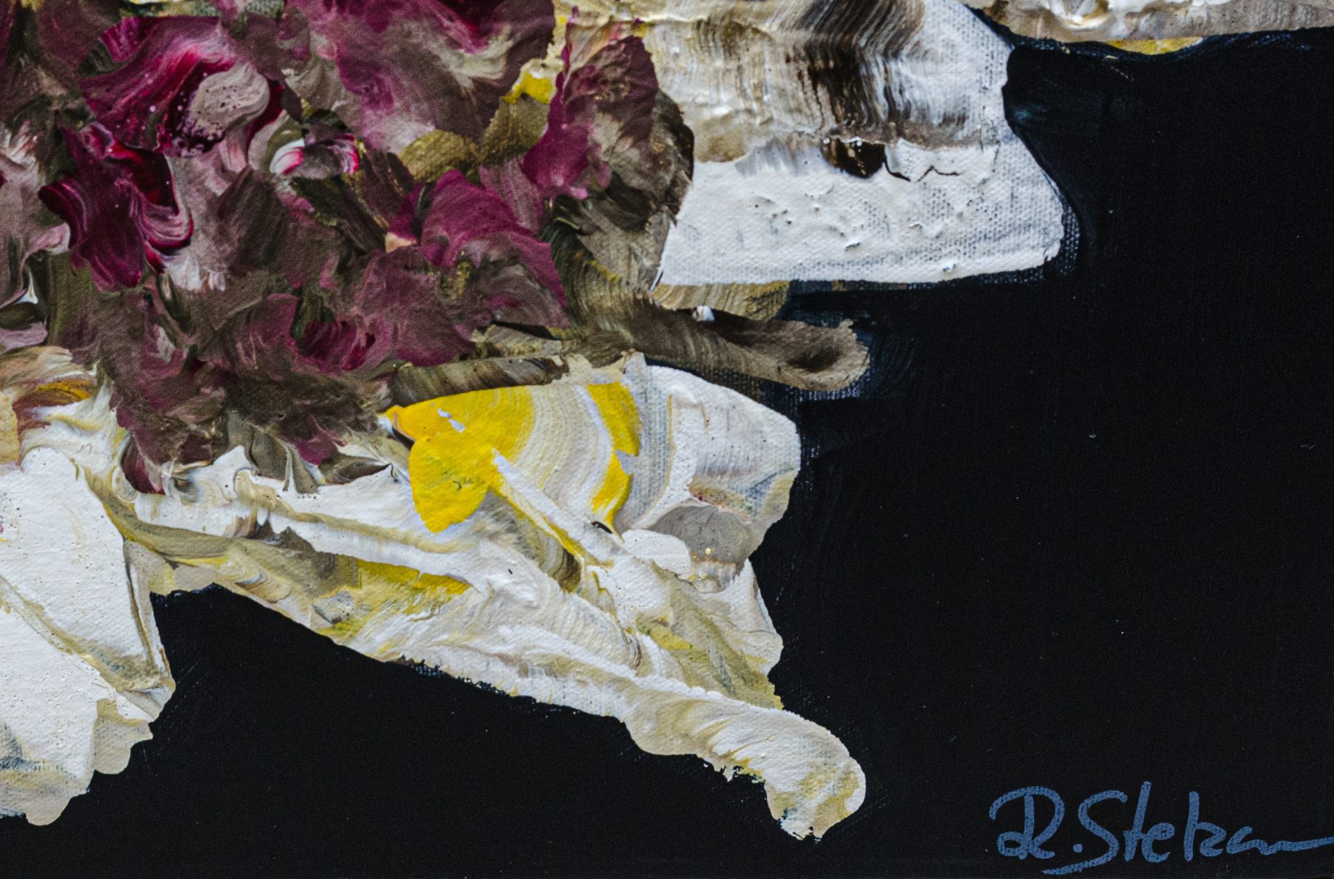 Wildly Kissed #2 Ramona Stelzer Signature A detailed close up photo of a large abstract floral painting, Wildly Kissed #2 by Ramona Stelzer