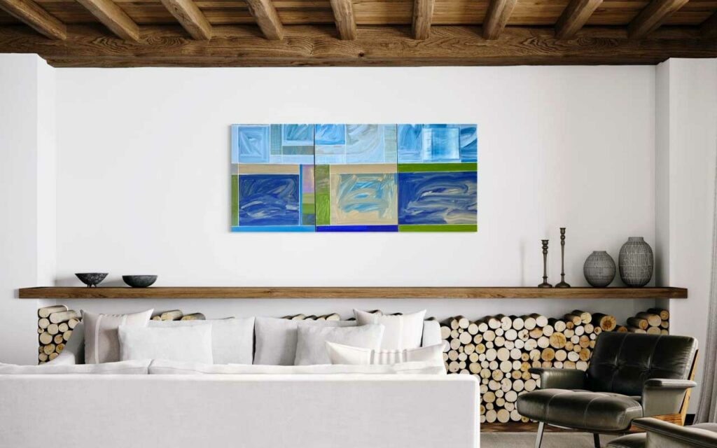 AH 9-1 A_C Triptych Painting by David Kupferman on display in a room