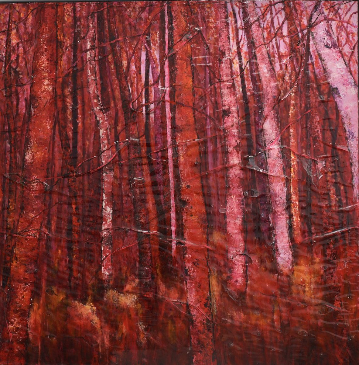 Red tree painting in forest