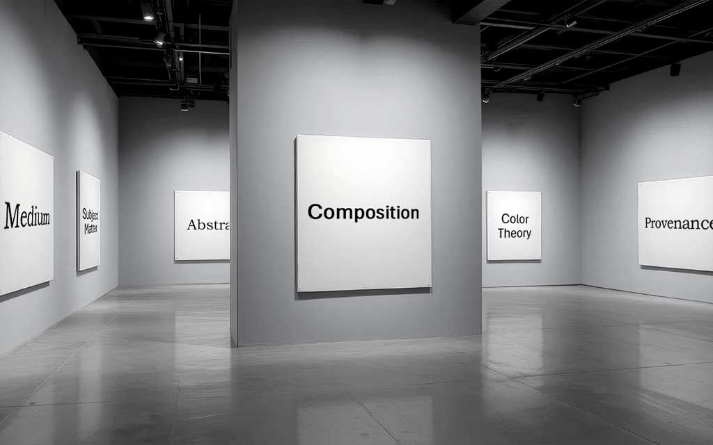 Minimalist art gallery with art terms on blank canvases